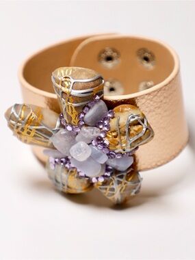 Handcrafted Gold-Tone Cuff Bracelet with Lavender Stone Flower